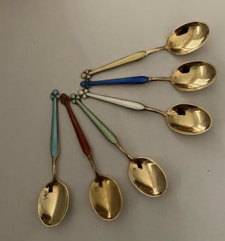 Vintage Aksel Holmsen Set Of 6 Sterling Silver And Enamel Demitasse Spoons 2