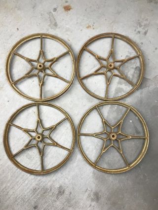 4 Vintage Industrial Cast Iron Cart Wheels With Star Center Gold Paint