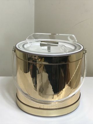 Vintage Mcm Georges Briard Ice Bucket Gold With Lucite Handle Lid Tongs Signed