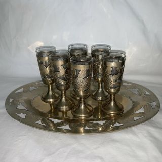 Vintage Set Of 6 Sterling Silver Overlay Shot Glasses And Sterling Silver Tray