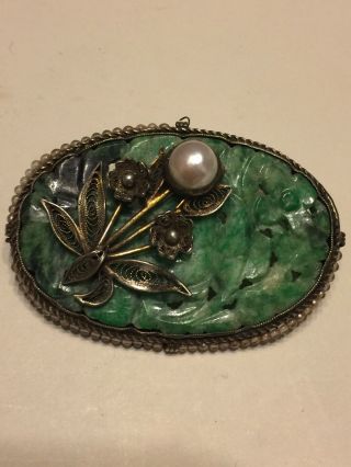 Antique Art Deco Chinese Carved Jade & Pearl Silver Floral Brooch From Estate