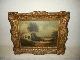 Very Old Oil Painting,  - 1870,  { Landscape With A Woman & Cottage,  Is Antique }