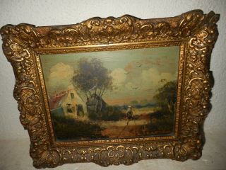 Very old oil painting,  - 1870,  { Landscape with a woman & cottage,  is antique } 2