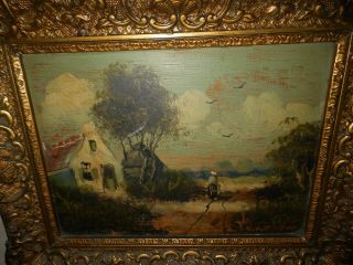Very old oil painting,  - 1870,  { Landscape with a woman & cottage,  is antique } 3