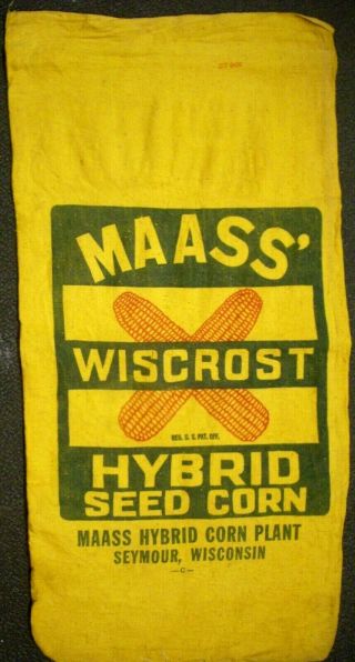 Vintage Cloth Maass Wiscrost Hybrid Seed Corn Sack Maass Corn Plant Seymour Wi