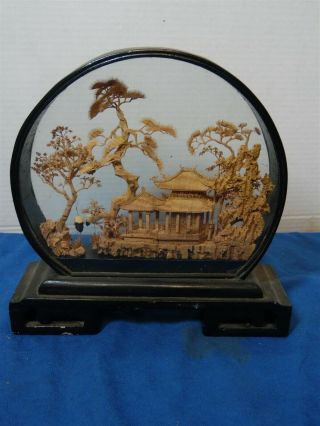 Vintage Decorative Oriental Cork Art In Glass & Black Lacquer Framing & Stand 9 "
