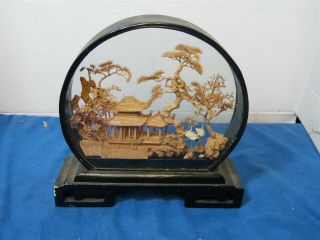 Vintage Decorative Oriental Cork Art in Glass & Black Lacquer Framing & Stand 9 