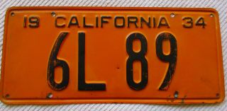 1934 California Passenger License Plate 6l 89