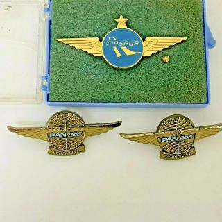 3 Vintage Defunct Airlines Wings Pins Pan Am & Airspur