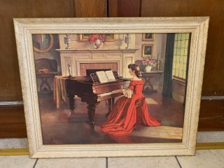 Vintage Framed Print Sonata By Artist M.  Ditlef Lady In Red Dress Playing Piano