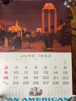 Vintage June 1963 Pan Am Airline Travel Calendar Sheet Rome Italy Kronfeld