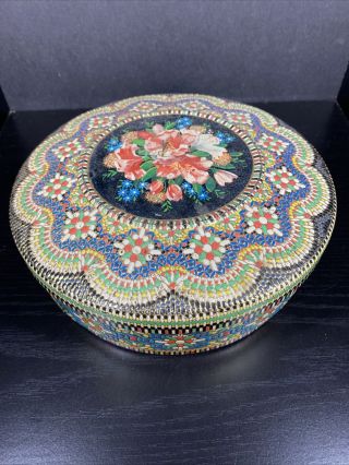 Vintage Floral Mosaic Embossed Tin Filled With Miscellaneous Vintage Buttons