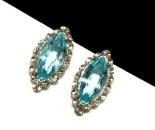 Vintage Reja Sterling Silver Aquamarine Crystal Marquise Rhinestone Earrings