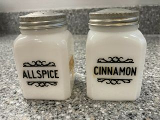 Vintage Milk Glass Shaker " Allspice " And " Cinnamon " 3 1/4 " Black Letters