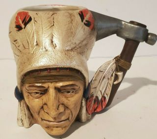 Vintage Hand Painted Native American Chief Mug Signed Dated Tomahawk Handle