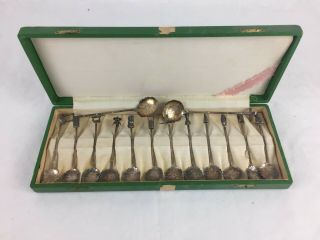 Set (14) Vintage Japanese Silver 980 Figural Demitasse / Ice Teaspoons W/ Case