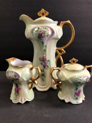 Vintage Antique Art Nouveau Tea Set Floral Gilded Tea Pot Cream And Sugar