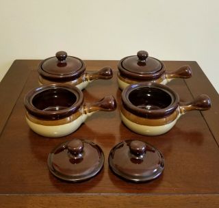 Vintage Brown Glazed Stoneware Bowls With Lids - Set Of 4 - Soup,  Chili,  F Onion