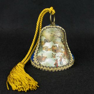 Vintage Christmas Reuge Music Bell Ornament Velvet Brocade West Germany Blue