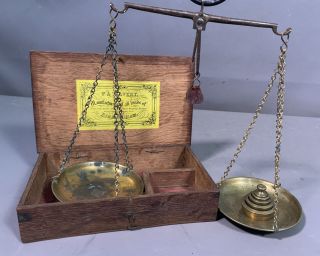 19thc Antique Victorian W&t Avery Hand Held Gold Scale Brass Weight Old Wood Box