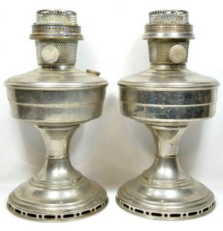 Set Of 2 Antique Vtg Aladdin Model 12 Nickle Metal Table Oil Lamps