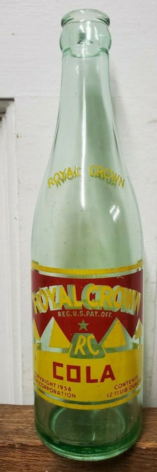 Vintage 1936 Royal Crown Cola Soda Bottle From South Bend,  Indiana
