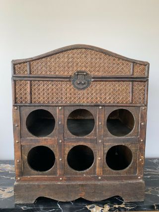 Antique / Vintage Wicker And Wood 6 Bottle Wine Rack Early 1900’s