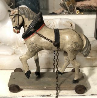 Antique German Putz Papier Mache Horse Pull Toy