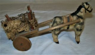 Antique German WoMiniature Stick Leg Horse And Cart 3