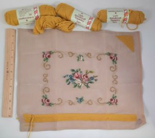 Vintage Floral Roses Preworked Needlepoint Canvas - Started W/ Wool Tapestry Yarn