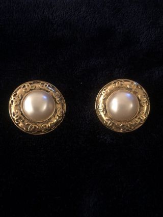 Chanel Logos Pearl Earrings Clip - On Gold France Vintage Authentic Stamped - 80’s