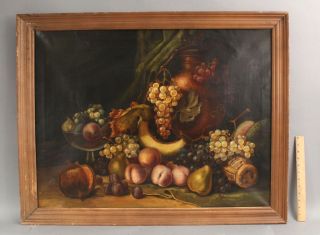 Antique American Fruit Still Life Oil Painting Grapes Pear Peaches Plums Melon,