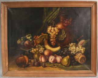 Antique American Fruit Still Life Oil Painting Grapes Pear Peaches Plums Melon, 2