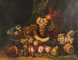Antique American Fruit Still Life Oil Painting Grapes Pear Peaches Plums Melon, 3