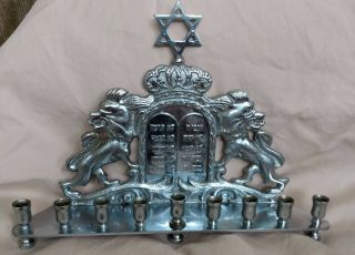 Antique Vintage Bronze Brass Jewish Menorah Hanukkah Star Of David Lions Judaica