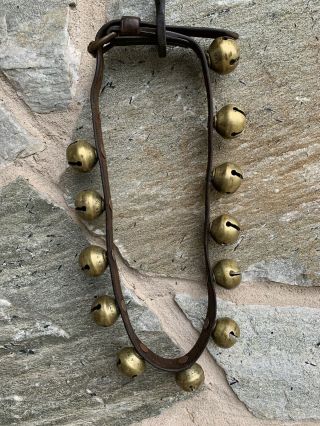Antique Vintage Horse Brass Sleigh Bells 12 On 36” Leather Strap Santa Reindeer