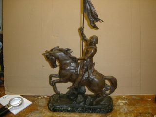 Antique Cast Metal Joan Of Arc Statue By J.  Rousseau On A Marble Base