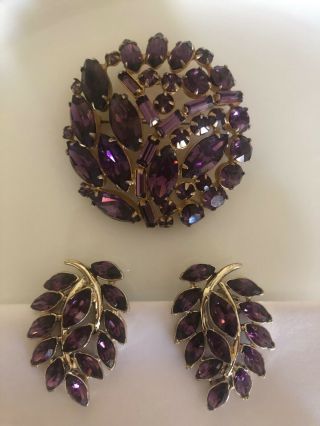 Vintage Amethyst Colored Rhinestone Brooch & Matching Clip Earrings Gold Tone