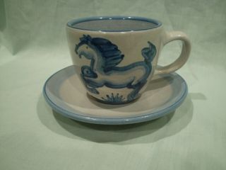 Vintage M A Hadley Blue Horse Pottery Cup & Saucer