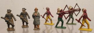 Vintage Lincoln Log Lead Toy Figures Davey Crockett & 4 Native American Warriors