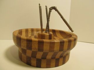 Vintage Hand Turned Wood Nut Bowl Metal Picks And Cracker