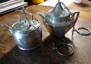 2 Antique Sterling Silver Figural Tea Pot Shaped Strainer Infuser Ball W// Chain