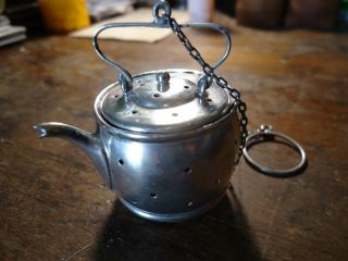 2 Antique Sterling Silver Figural Tea Pot Shaped Strainer Infuser Ball w// Chain 2