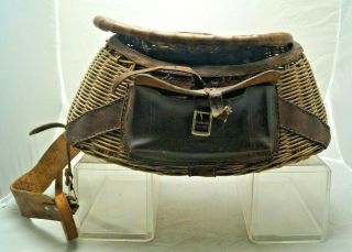 Antique 1890s - 1920s Era Leather & Wicker Trout Fishing Creel - Fly Fishing