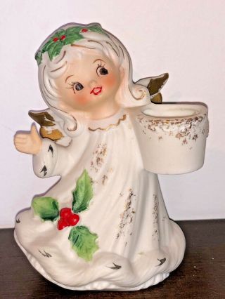 Vintage Japan Ceramic Bisque Christmas Angel Candle Holder Holly Hand Painted