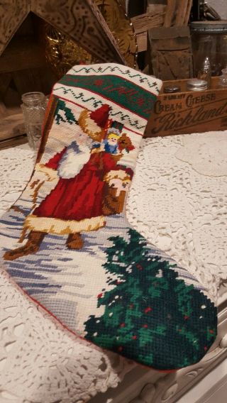 Vintage Hand Crafted Needlepoint Stocking Santa With Bag Of Gifts 20 " X 6 1/2 "