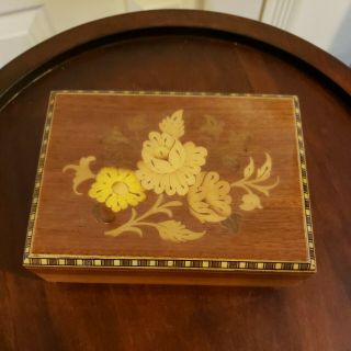 Vintage Inlaid Wood Music Box,  Made In Italy,  Plays O Sole Mio,  6 " X4.  25 " X2 "
