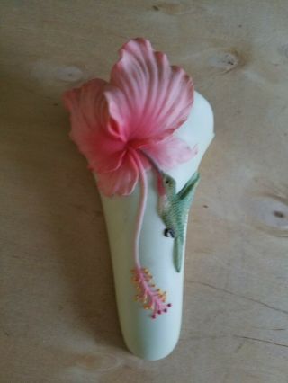 Vtg Ibis & Orchid Hummingbird & Hibiscus Wall Pocket Scone Vase Pink Green 108