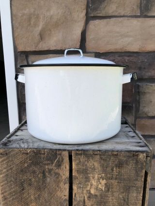 Vintage 12 Qt Enamelware Round Canning Stock Pot W/ Lid White W/black Trim