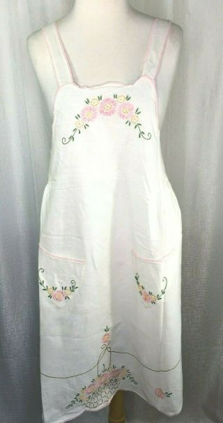 Vintage Handmade White,  Pink Embroidered Full Bib Apron With Pockets